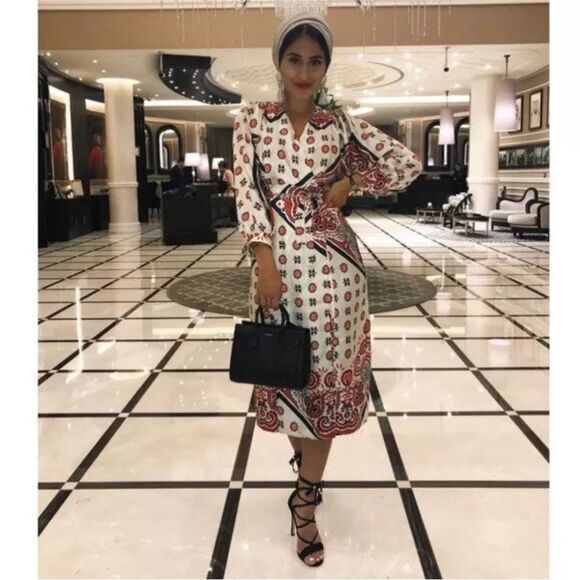 Zara Bloggers Favorite cream red satin scarf print dress - Picture 5 of 8